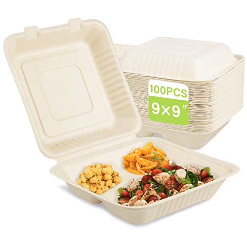 greensight Disposable Take Out Food Container 100 Pack, 9X9 Clamshell Food Container With 3 Compartments, Compostable To Go Boxes Heavy Duty, Biodegradable Made From Sugarcane Fibers