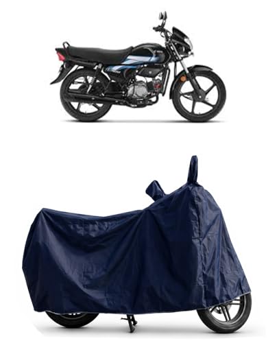 Image of Shield Heavy Duty Bike Cover for Hero Hf 100 | All-Season, Tear-Proof Fabric | with Side Mirror Pocket & Buckle Belt | Hero Hf 100 Bike Cover (Blue)
