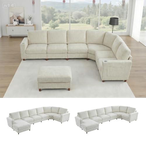 159 Inch Oversized Modular Sectional Sofa with Curved Corner, Convertible U/L-Shaped Cloud Couch with Moveable Seat,Storage Ottoman,Cupholders, Living Room Chenille Fabric Sofa