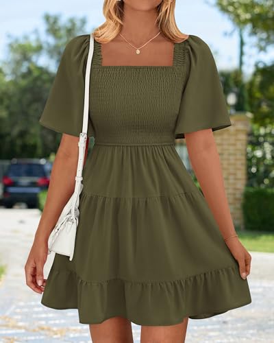 Image of BTFBM Womens Summer Smocked Mini Dress Spring Square Neck Flutter Sleeve Casual Ruffle Swing Boho Beach Dresses Pockets