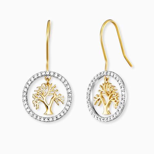 Boucles d'oreilles arbre de vie anti-allergie sans nickel en argent bicolore et pierres