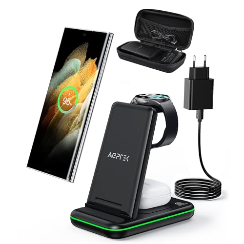 AGPTEK Chargeur sans Fil pour Samsung, 3 en 1 Pliable Chargeur Induction pour Galaxy Watch 6/5/4/3, Galaxy Z Flip 5/S24/S23/S22, Galaxy Buds, Station Charge avec Adaptateur 18W &amp; Sac de Rangement
