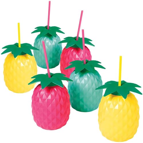 Fun Express Set of 6 Pieces Pineapple Shaped Cups with Straws, Each Holds 24 oz, BPA Free PLastic, Luau and Tropical Party Supplies, Multi-Color