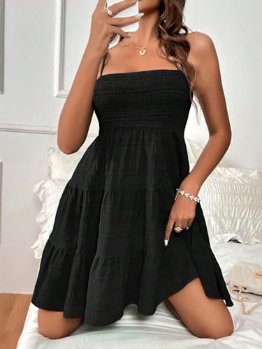 Image of SKAYS Womens Cami Mini Dress Smock Casual A Line Swing Sundress Summer Sleeveless Solid Ruffle Hem Short Dresses