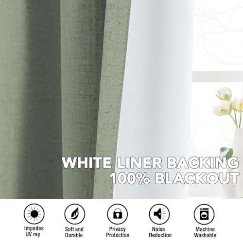 Image of H.VERSAILTEX Linen Curtains 100% Blackout Curtains for Bedroom 120 inch Long Full Light Blocking Nature Linen Blended Window Curtains for Living Room Nickel Grommet (2 Panels, Heathered Dried Sage)