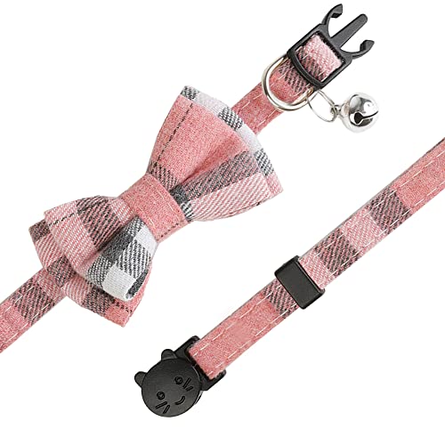 Image of Cat Collar Breakaway with Cute Bow Tie and Bell,Personalized Cute Plaid & Flower Patterns,1 or 2 Pack Gift for Adjustable Kitten Safety Collars (Pink)