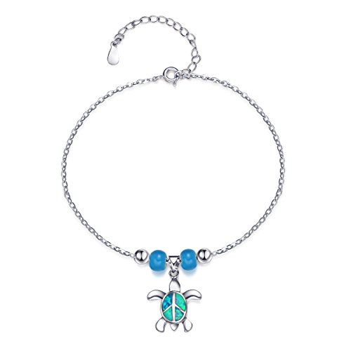 S SIFUNUO Anklets Sterling Silver Opal Turtle Anklet Barefoot Ankle Chain Beach Jewelry Charm for Women Blue