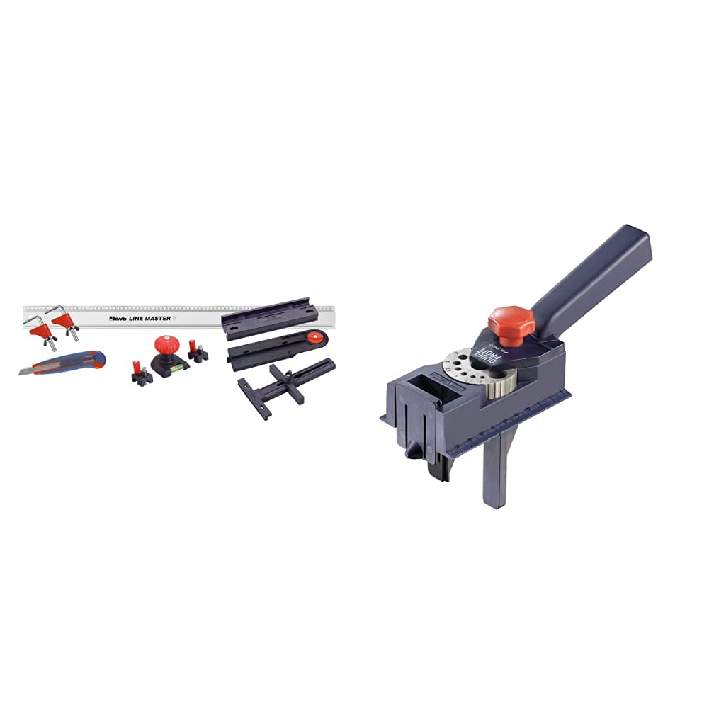 kwb LINE MASTER Präzisionslineal– 800-mm Länge, Universal-Führungsschiene, 10-teilig & Dübelprofi – universal Bohrschablone mit verstellbarenBohrlochgrößen,fürHolzdübelgeeignet,rutschfest,Ø44267mm