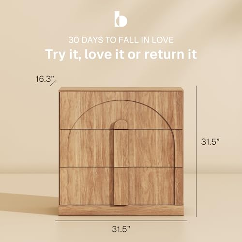 Image of BELLEZE Sideboard Cabinet with 3 Drawers, Set of 4 Modern Wood Buffet Cabinet with Arc Design, Large Fluted Sideboard with Storage for Kitchen Living Room Entryway, Camel