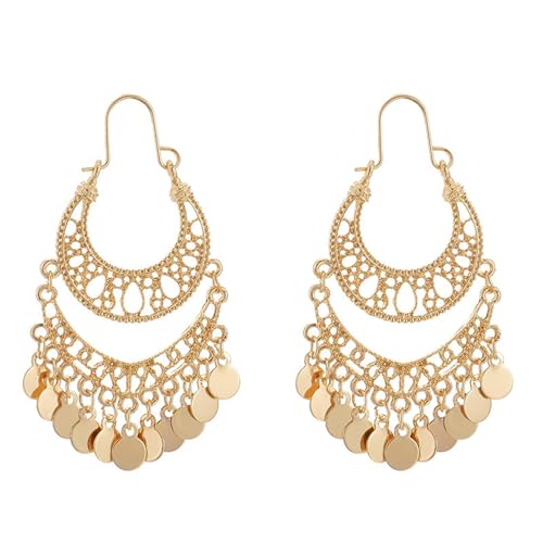 coadipress Filigree Cut-out Dangling Chandelier Earrings for Women Bohemian Retro Gold Chandelier Tassel Drop Earrings Ethnic Gypsy Beads Tassel Earrings Jewelry Gifts