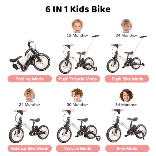 Image of JMMD 6 in 1 Toddler Bike with Push Handle for Kids 18-60 Months, 12 inch Foldable Balance Bike with Training Wheels, Pedals, Brakes, Kickstand, Push Tricycle Toddler Gift & Toys for Boy & Girl