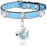 Freewindo Cat Collar with Bling Diamante Pendant, Soft PU Leather Adjustable Small Dog Collar for...