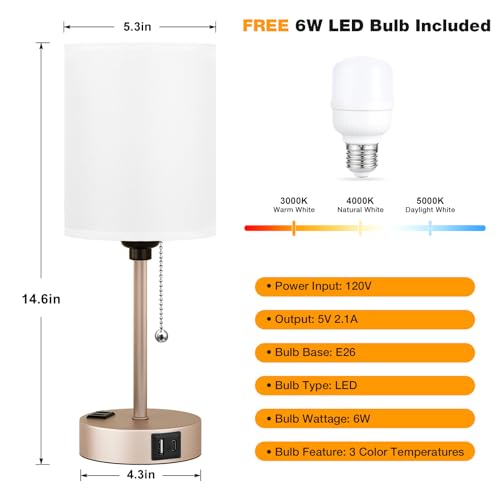 Image of Small Bedside Table Lamp for Bedroom, Desk Lamp with USB Ports for Dorm