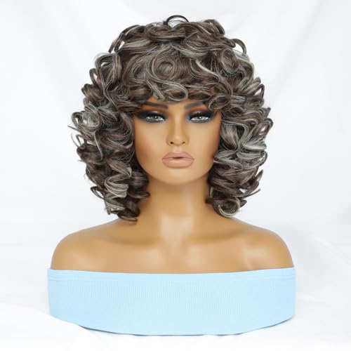Felek 14 Inch P4/27/613 Highlight Afro Curly Wig With Bangs For Black Women