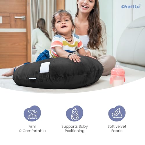 Image of Cherilo Feeding Pillow for New Born Baby, Nursing Pillow for Breastfeeding, Baby Support with Adjustable Strap & Bottle Holder (Pouch) | Washable Premium Velvet Cover with Zip | Black