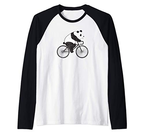 Panda Riding A Bicycle Cute Cyclist Illustration Camiseta Manga Raglan