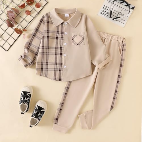 Image of Boy Clothes Fall Winter Outfits Long Sleeve Plaid Patchwork Button Down Shirt + Casual Pocket Sweatpants 5-14 Years