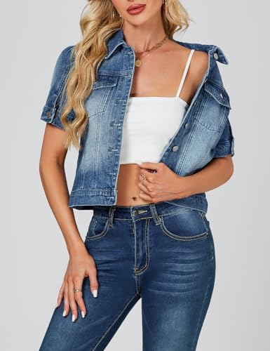 LifeShe Puff Short Sleeve Denim Jacket for Women Summer Cropped Jean Jacket Non-stretch Crop Coat4