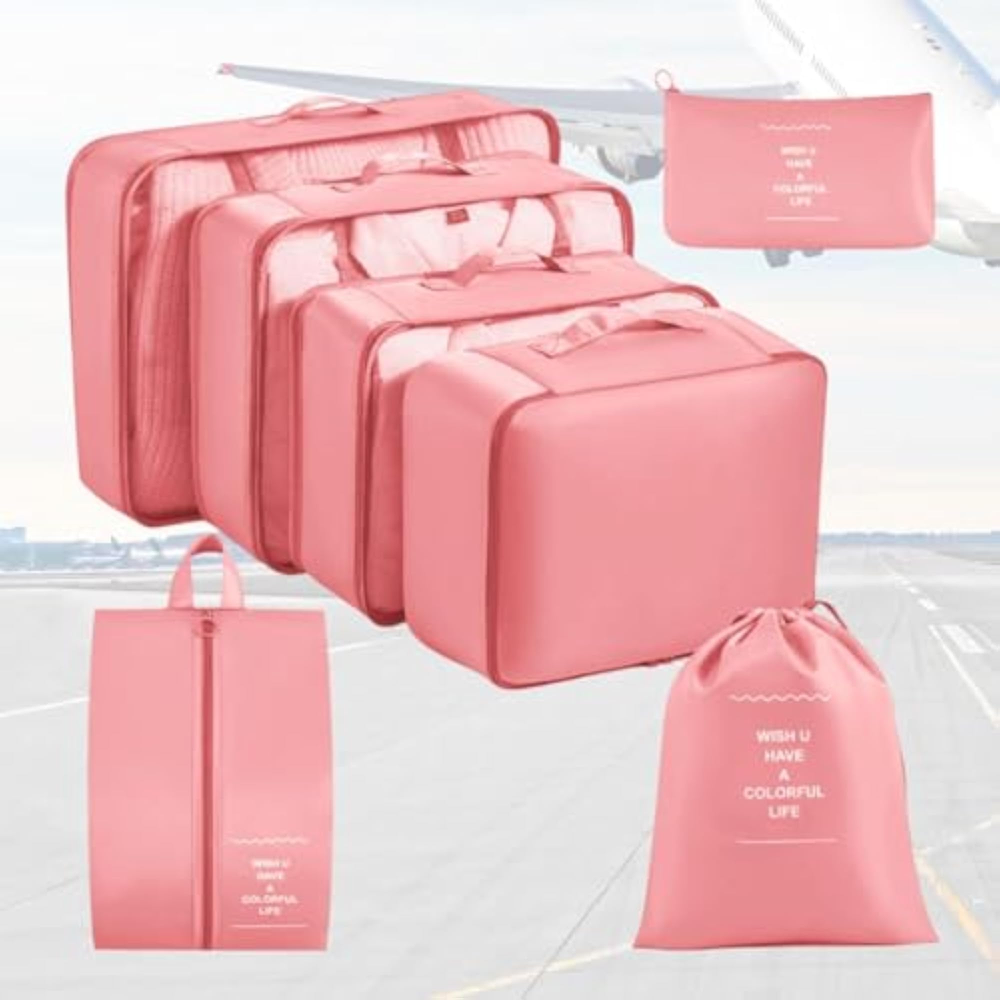 7pc Pink Packing Cubes Set for Organising Luggage