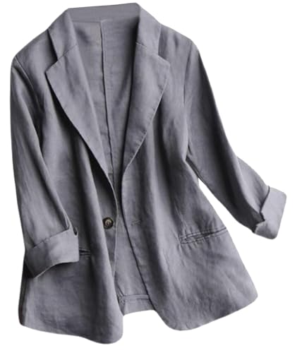 SOMTHRON Women's Casual Linen Blazer 3/4 Sleeve One Button Lapel Lightweight Work Office Dressy Suit Jacket