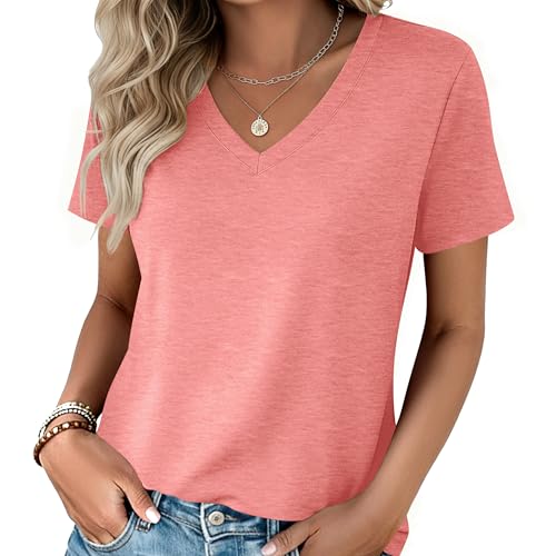 Zeagoo Tshirts Shirts for Women Plus Size Short Sleeve V Neck Solid Color Loose Summer Going Out Tops Work Clothes 2XL Z-Pink