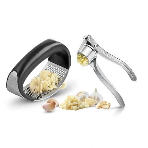 Image of Garlic Press & Ginger Crusher Combo, Stainless Steel Garlic Mincer & Ginger Masher, Heavy Duty Manual Squeezer, No Peeling Required, Easy Press Kitchen Tool - (Garlic Curved + Silver)