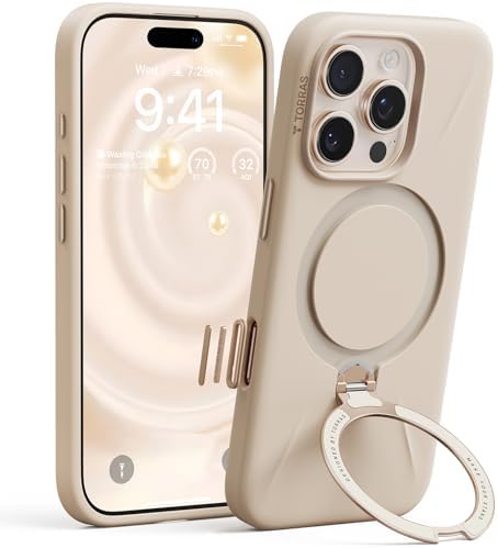 TORRAS Ostand Q3 Silikon für iPhone 16 Pro Max Hülle mit 360° Ständer Beige | (Top Flüssigsilikon) (360° Magnetischer Ständer) Handyhülle iPhone 16 Pro Max Case Fallschutz mit Scho