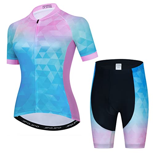 Blue Pink Womens Cycling Jersey Set, Summer Short Sleeve