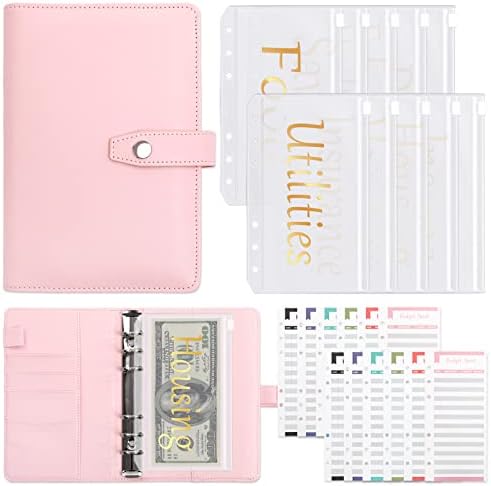 Budget Binder with Zipper Envelopes - Crocodile Money Organizer, Cash Saving Book Budgeting Planner, Cash Stuffing Folder Envelope System, A6 Bill Binders with Pockets (Button-Pink)