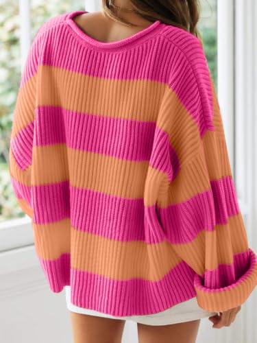 Image of Simier Fariry Womens Fall Oversized Pullover Sweater Long Sleeve Comfy Knitwear Retro Stripe Casual Outfit
