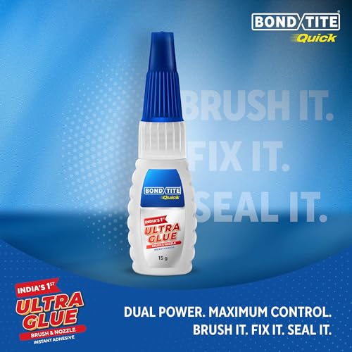 Image of Bondtite Quick Ultra Glue Brush & Nozzle | 15g | Instant Adhesive | 10X Unbreakable Bond | Twin Dispensing | Special Brush Applicator to Ensure Full Coverage | Multi Material Strong Bonding | DIY