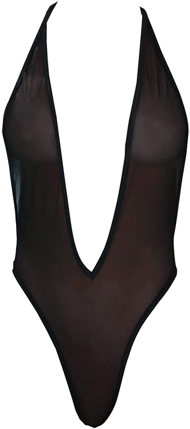 ladies sexy lingerie Transparent sexy mesh bodysuit long-sleeved jumpsuit women's o-ne-piece transparent bodysuit o-ne-piece underwear teddy bear (Color : Black, Size : S)