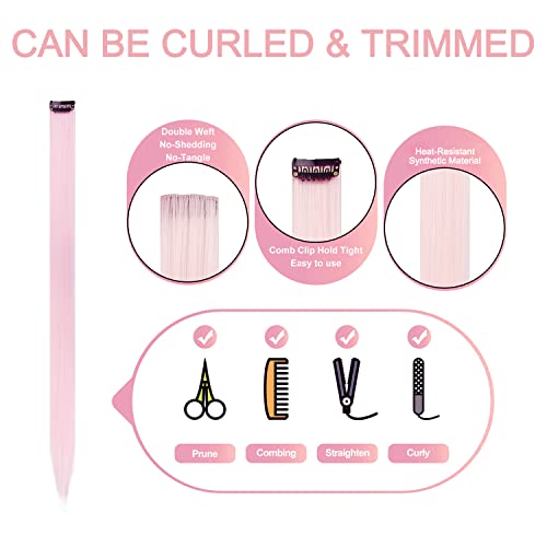 10 Pcs Colored Party Highlights Colorful Clip In Hair Extensions 22 Inch Straight Synthetic Hairpieces For Women Kids Girls, ((12 Pcs Light Pink) #TOP2