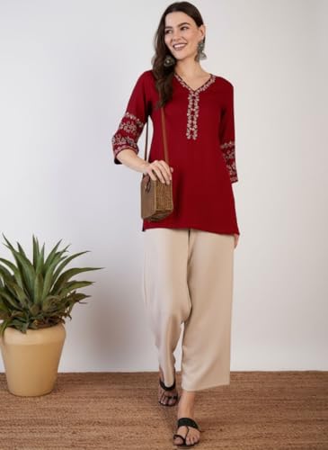 Image of MAHIRA'S Women's Short Kurti, Black Rayon Tunic Top with Embroidered Sleeves, 3 /4 Designer Sleeves