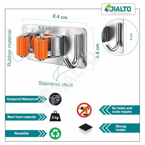 Image of JIALTO 3 Pcs Adhesive Mop Holder and Broom Holder Wall Mounted Stainless Steel | Heavy Duty Mop & Broom Organizer with Hooks | Adhesive Storage Rack for Kitchen, Bathroom - Orange