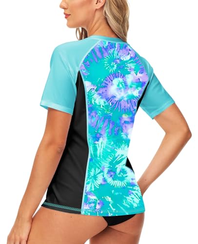 Image of AOBUTE Women Zip Rash Guard UPF 50+ Gradient Short Sleeve Swim Top Surf Shirts