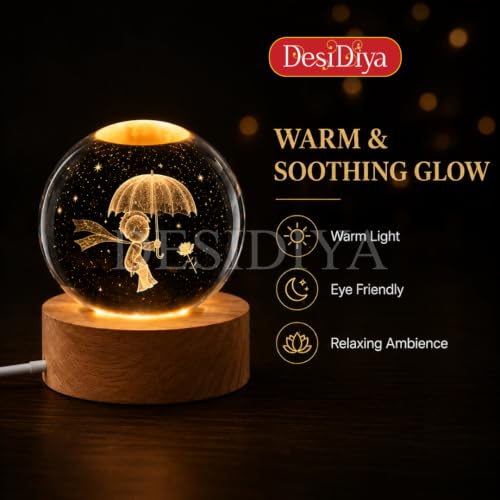 Image of Desidiya 3D Crystal Ball Night Light | Engraved Monsoon Boy Crystal Ball LED Night Light with Wooden Base, USB Powered | Romantic Home Decor & Rakshabandhan Gift for Bro, Him & Couples (Warm White)