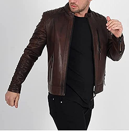 Image of Luis Leather Crampy Brown Genuine Leather Solid Biker Jacket for Men's, lightweight Motorcycle jacket