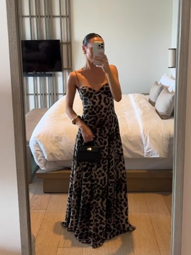 Image of Women Elegant Leopard Spaghetti Strap Maxi Dress Summer Backless Sexy Slip Long Dresses