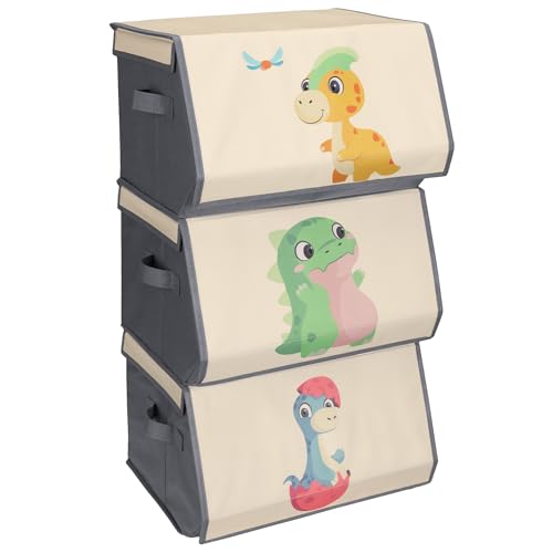 Navaris Organizador Juguetes Infantil   3x Caja Almacenaje Juguetes Infantil 38 x 35 x 25 cm   Cajas Apilables Dinosaurios para Cuarto de Juegos y Habitación de Niños