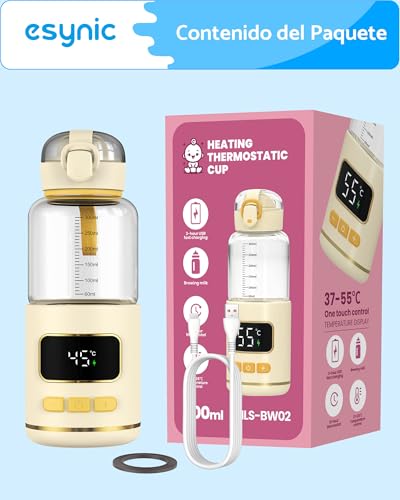 Miniatura 8 de Esynic Calentador De Biberones Portátil De Vidrio Con Batería De Larga Duración Rápido Calentamiento De Leche Materna Y Agua Para Bebé Calienta Biberones Control De Temperatura Capacidad De 300ml