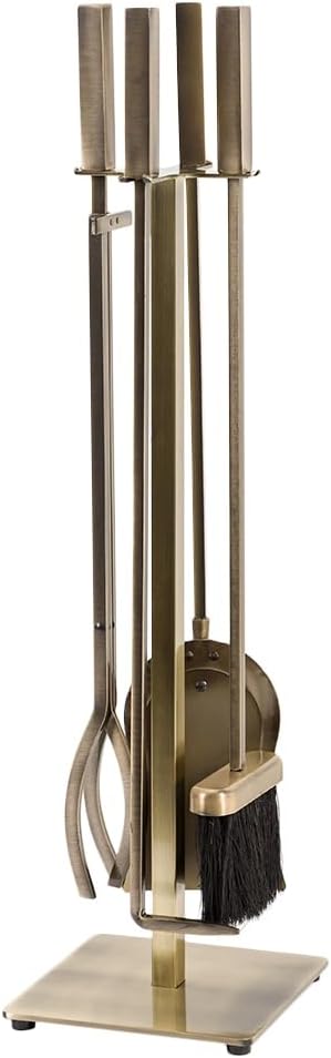 Modern Ember Harriet 5 Piece Fireplace Tool Set in Aged Brass | Includes Brush, Shovel, Fire Poker, Tongs, and Stand | Heavy-Duty Steel | Heat-Resistant Powder Coating Finish