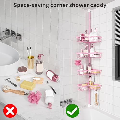 Image of KEGII Shower Caddy Tension Pole, 4-Tier Rustproof Adjustable Corner Bathroom Organizer for Renters, 25-114.2 Inch No Drill Space-Saving Shower Storage Rack, Pink