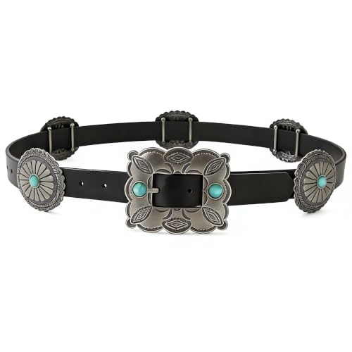 Alavuss Western Belts for Women Turquoise Concho Belt Faux Leather Cowgirl Cowboy Country Belt for Jeans Dresses Black 41"