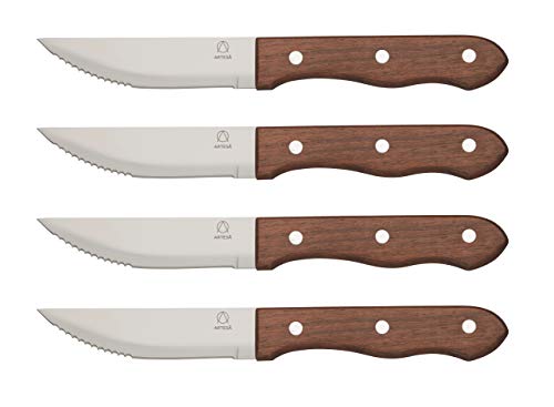 KitchenCraft MasterClass Artesà- Cuchillos de acero inoxidable con asas de madera, 23,5 cm (9,5 pulgadas, 4 unidades), madera, plata, 1,5 x 2,5 x 23,5 cm