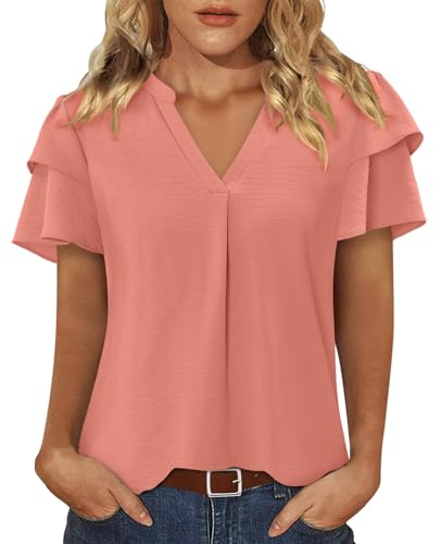 KISSMODA Summer Tops for Women 2026 Lightweight Short Sleeve Shirts Plus Size Fall Outfits V Neck Solid Tunic Coral L