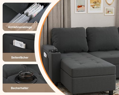 Devoko Ecksofa mit Schlaffunktion und Bettkasten L-Form Sofa 3-Sitzer Ausziehbares Schlafsofa Leinen Couch Kleines Schlafcouch für Wohnung und Wohnzimmer, Dunkelgrau
