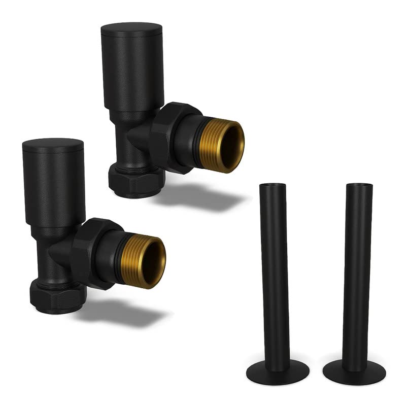 UK Radiators Round Black Radiator Valves and Pipe Covers - Black Matt Finish - Classy and Modern Design 1/2" x 15mm Angled Radiator Valves - Pair of Valves with 130mm Pipe Covers — image 1