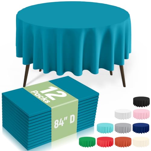 Image of misaya 12 Packs Disposable Plastic Table Cloth, 84 inch Round Waterproof Tablecloth, Leakproof & Sturdy Decorative Table Covers for Picnic, Party, Outdoor and Back to School, Turquoise