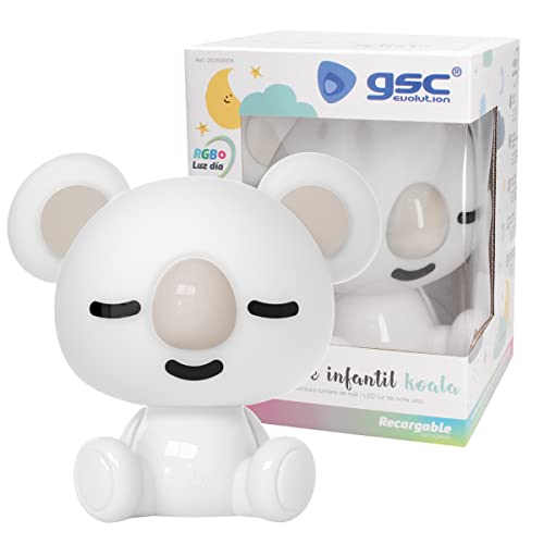 gsc evolution - Luz nocturna infantil LED Koala RGB con intensidad regulable y batería recargable, 7 modos de luz, Lámpara de mesa, lámpara portátil y decoración para habitación Regalo para niños